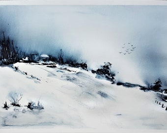 May include: A watercolor painting of a snowy landscape with a few trees and a flock of birds flying overhead. The sky is a light blue and the snow is white. The painting is done in a minimalist style.