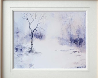 Original watercolor Landscape Painting, titled Frosty Morning 2 and signed by Artist. Home decor, Blue and Grey Wall Art. Unique,Ideal Gift.