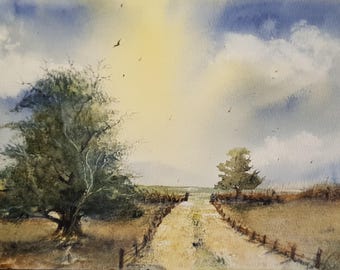 Watercolor Original Painting, Landscape titled Dusty Road signed by artist. Blue and Green Wall Art, Home Decor, Unique Collectible.