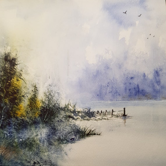 Original Watercolor Landscape Painting, Lakeside Peace 2