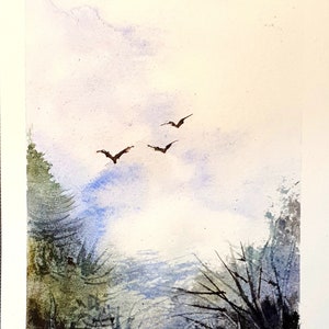 絵画「薄氷の朝の鴨」　水彩画 91c899964255dd631bac69b0efa2ba