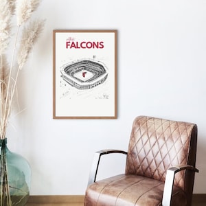 May include: A black and white illustration of a football stadium with the words "Atlanta Falcons" printed in red at the top. The stadium is drawn in a simple, minimalist style.