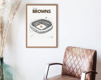 Puede incluir: Una impresión enmarcada de una ilustración en blanco y negro de un estadio de fútbol con el texto "Cleveland Browns" en la parte superior. El estadio está dibujado en un estilo simple y minimalista.