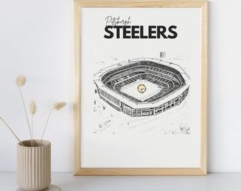 Könnte beinhalten: Eine Schwarzweißillustration des Heinz Field, der Heimat der Pittsburgh Steelers, mit dem Teamlogo in der Mitte des Spielfelds. Der Text "Pittsburgh Steelers" befindet sich oben im Bild.