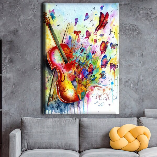 Art abstrait de la peinture de violon, Art des papillons de violon, Toile de musique colorée, Toile de papillon, Toile de papillon de violon, Art de musique abstraite