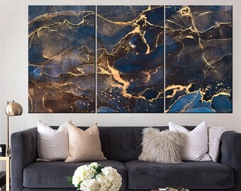 Blue Gold Marble, Iridescent Metallic Print, Marble Wall Art, Wall Decor Marble, Blue Marbling, Abstract Canvas,Gold Painting Art,Canvas Art