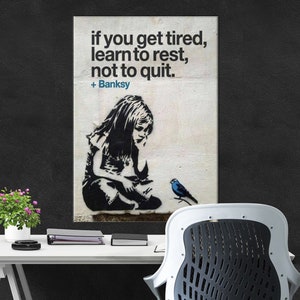 Banksy Girl and Blue Bird Quote, Street Art Banksy Girl and Blue Bird, Banksy Canvas Art Print, Inspirational Quote, Office Wall Art, Canvas