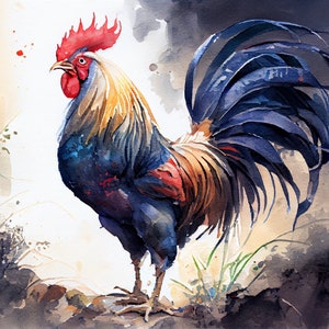 Vibrant Dawn A Rooster's Watercolor Symphony - AI Generative Watercolor - High Quality 300 DPI Digital Download JPG Files
