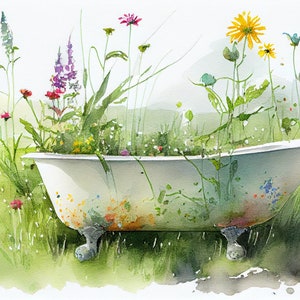 May include: A white porcelain bathtub filled with a variety of wildflowers, including pink, purple, and yellow blooms. The bathtub is sitting on a grassy lawn with green foliage.