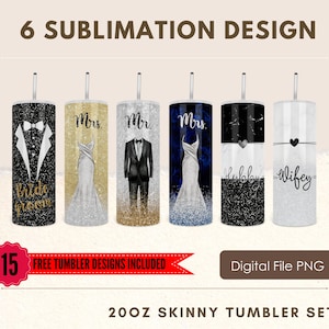 20oz Wedding Tumbler, Valentine Glitter Tumbler, Set Bundle of 6 Sublimation Tumbler Designs - 20oz Bride and Groom Tumbler Wraps