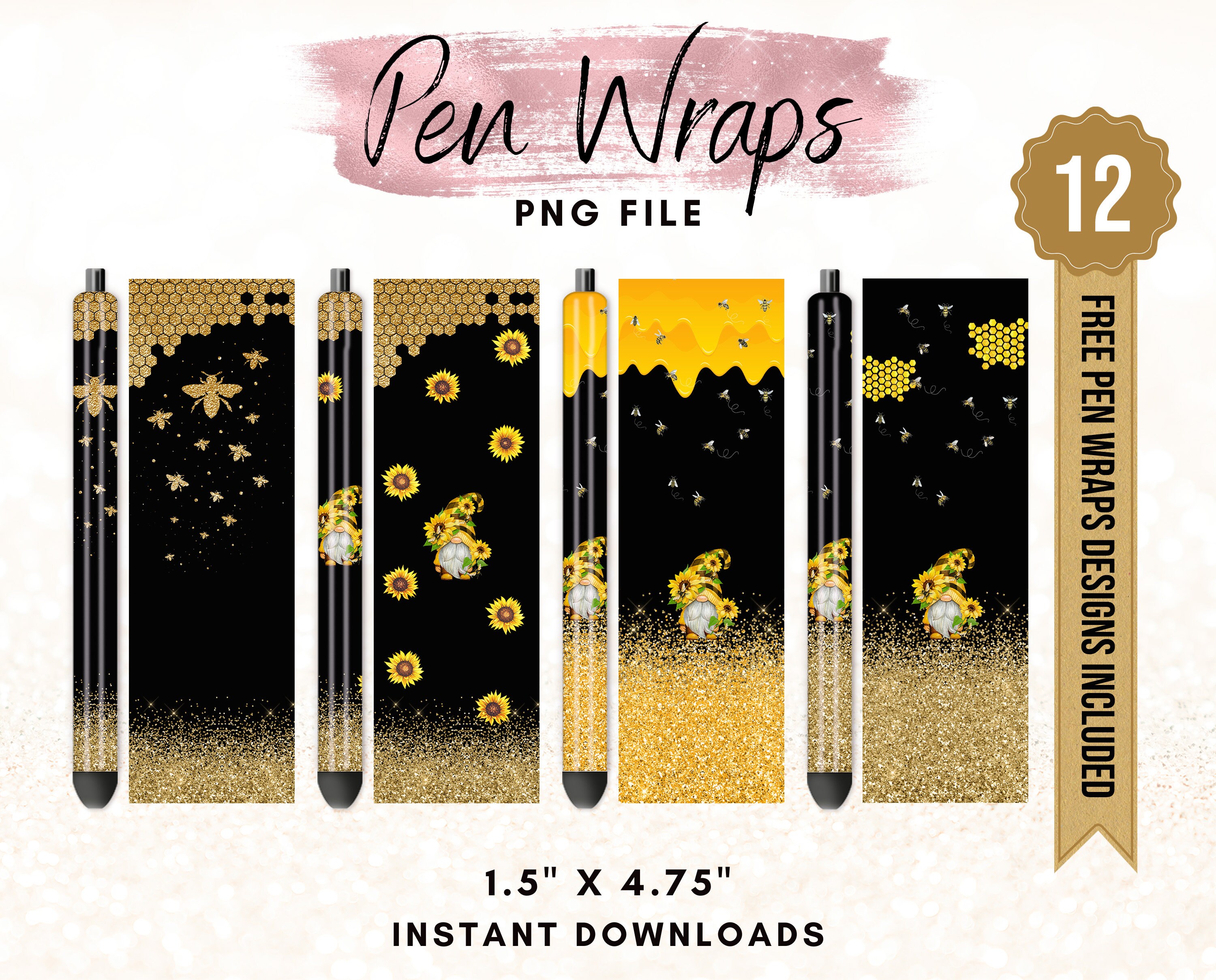 Honey Bee Pen Wraps, Gnome Sunflower Pen Wrap Design, Gold Glitter Pen Design, Printable Waterslide Pen Wrap Design, 4 Pack Bundle File Set