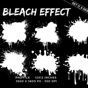 Puede incluir: Fondo negro con seis diseños blancos de efecto lejía. El texto "BLEACH EFFECT" está en la parte superior, y "SET O_6 DESIGNS" está en la esquina superior derecha. La imagen es un archivo PNG, 30,48 x 30,48 cm, 3600 x 3600 px, 300 DPI.