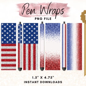 American Flag Glitter Pen Wraps, Red White Blue Pen Wrap, America Glitter Pen Wrap Design, Waterslide Glitter Pen Design, Printable