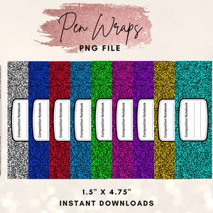 May include: A set of 10 printable pen wraps featuring a composition notebook design in various colors, including black, white, blue, red, green, purple, yellow, and turquoise. The pen wraps are 1.5 inches by 4.75 inches and are available for instant download.