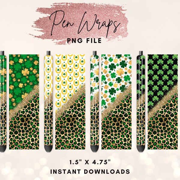 St Patrick's day Pen Wraps, Irish Shamrock Glitter Pen Wrap Design, Clover Lucky Leopard Pen Design, Printable Waterslide Pen Wrap Design