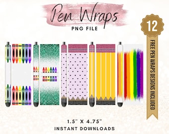 School Theme Pen Wraps, Crayon Pen Wrap Design, Pencil School Pen Design, Rainbow Printable Waterslide Pen Wrap Design, 5 Pack Bundle Files