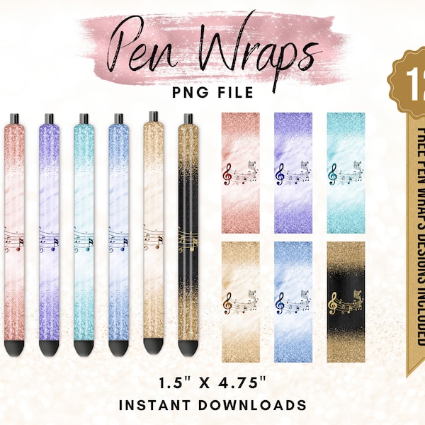 Music Notes Pen Wraps, Musician Glitter Pen Wrap, Marble Pen Design, Printable Waterslide, 6 Pack Bundle File Set
