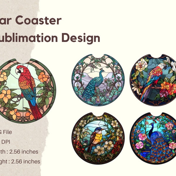 Bird Stained Glass Car Coasters Set, Parrot Peacock Sublimation Stained Glass PNG Digital Download1