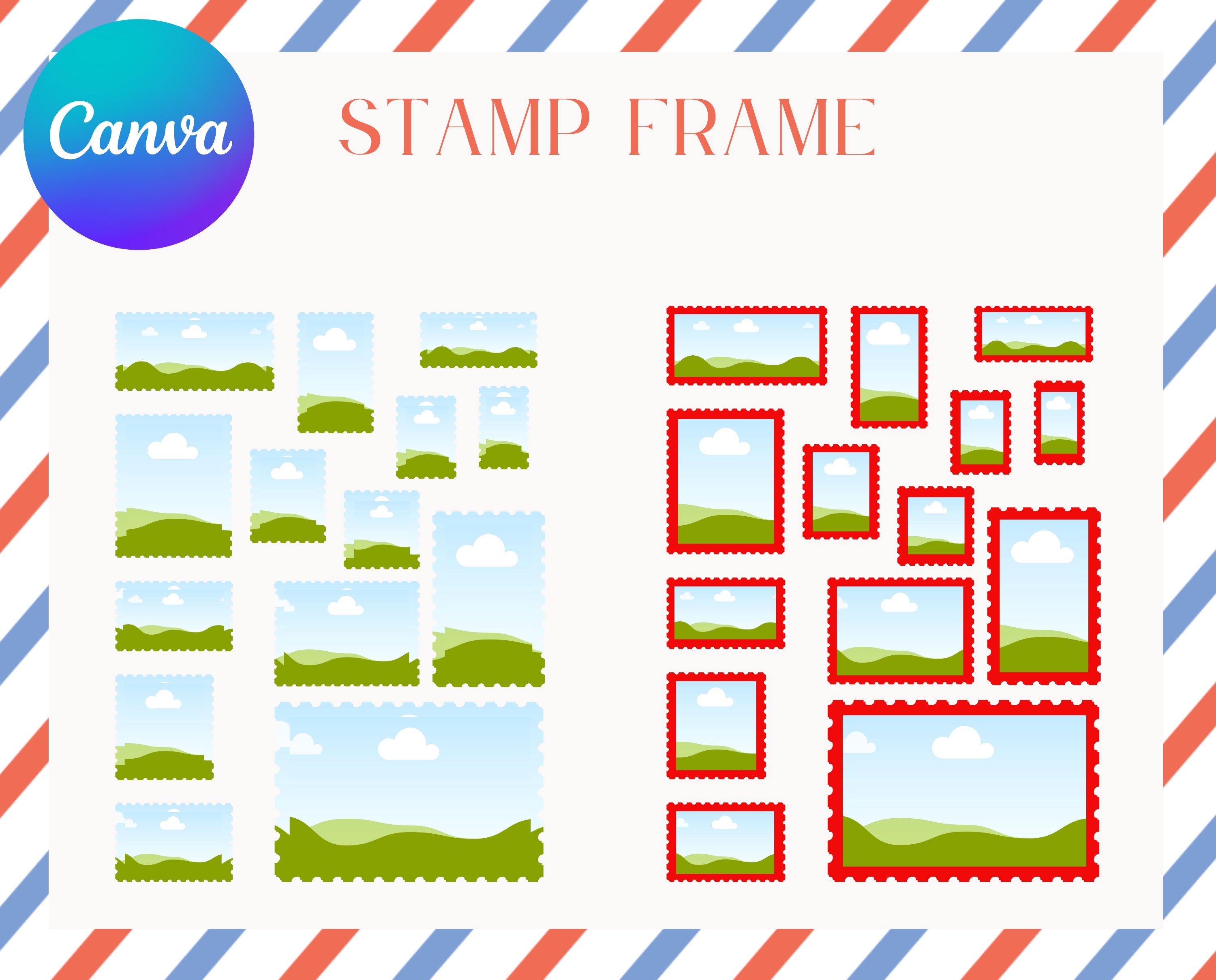 Postage Stamp Canva Frame Template Editable Postmark Postal Etsy