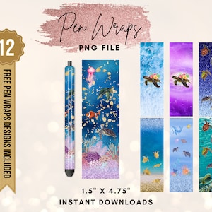 May include: Twelve digital designs for pen wraps featuring a variety of sea turtle and ocean-themed patterns. The designs are 1.5 inches by 4.75 inches and are available for instant download.