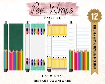School Theme Pen Wraps, Colored Pencils Pen Wrap Design, Pencil School Pen Design, Printable Waterslide Pen Wrap Design, 4 Pack Bundle File