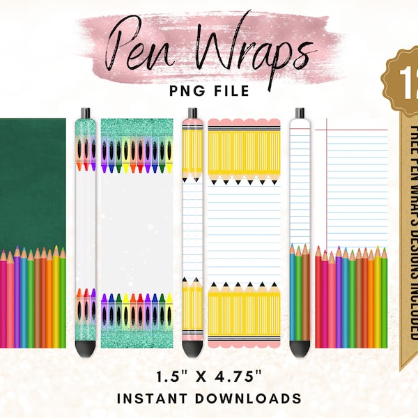 School Theme Pen Wraps, Colored Pencils Pen Wrap Design, Pencil School Pen Design, Printable Waterslide Pen Wrap Design, 4 Pack Bundle File