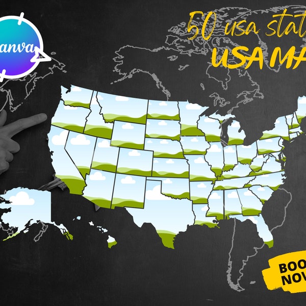 50 States of America USA MAP Canva Frame Template, Easy Drag and Drop Customize Your Own