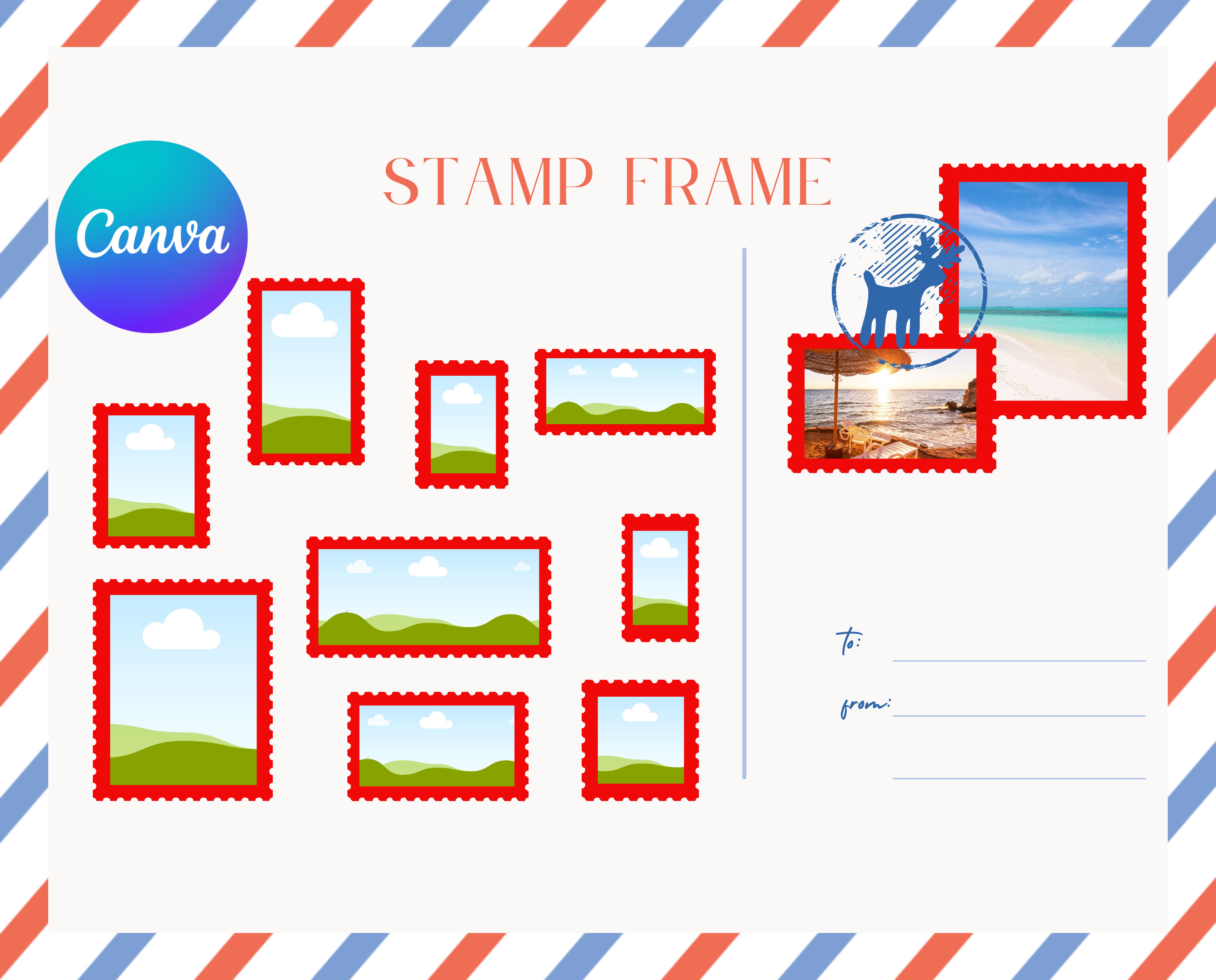 Postage Stamp Canva Frame Template Editable Postmark Postal Etsy