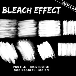 以下が含まれることがあります： 黒い背景に8つの白い漂白効果のデザインが施されたデジタルアートセットです。「BLEACH EFFECT」の文字が上部にあり、右上隅に「SET M_8 DESIGNS」と書かれています。画像にはファイルの種類、寸法、解像度が含まれています。