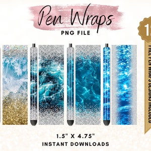 Blue Water Pen Wraps, Blue Ocean Pen Wrap, Sea Beach Pen Wrap Design, Waterslide Glitter Pen Design, Printable Waterslide Pen Wrap Design