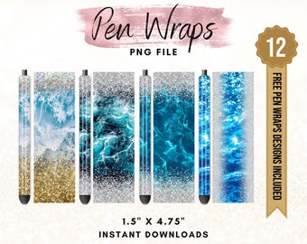 Blue Water Pen Wraps, Blue Ocean Pen Wrap, Sea Beach Pen Wrap Design, Waterslide Glitter Pen Design, Printable Waterslide Pen Wrap Design