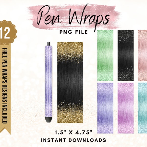 Metallic Glitter Pen Wraps, Glitter Pen Design Printable Waterslide, 7 Pack Bundle File Set, Instant Digital Download Files PNG Set1