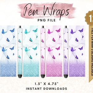 Butterfly Pen Wraps, Glitter Pen Wrap Design, Printable Waterslide Pen Wrap Design, 4 Pack Bundle File Set, Instant Digital Download Files