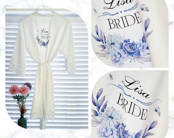 Personalised satin bridal dressing gowns. Bridal party robe. Bride wedding gown. Bridesmaid. Bride. Maid of Honour. Flowergirl. Satin floral