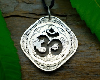 Om Peace Symbol Silver Indian Anna Coin Pendant _ Handmade