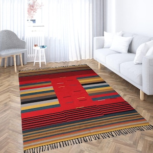 5x7 6x8 handgewebter Baumwollteppich, umweltfreundlicher reiner veganer indischer handgemachter geometrischer Wohnzimmer-dekorativer Bodenteppich 100% roter Baumwollteppich