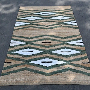 Handmade Hemp Jute Area Rug: Green, White & Black Boho Decor