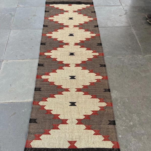 Handwoven Wool Jute Runner Rug, Boho Hallway & Stair Runner, Natural Kilim Carpet for Living Room, Rustic Home Decor, Handmade Jute Wool Rug