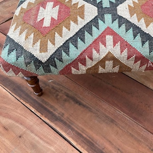 Vintage Kilim Bench: Wool Jute Upholstered Ottoman Footstool