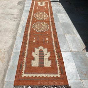 Handwoven Wool Jute Kilim Runner: Geometric Oriental Rug