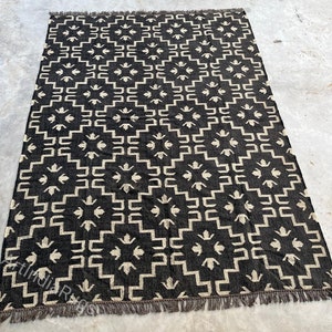 Handwoven Black and White Wool Jute Kilim Rug: Geometric Area Rug