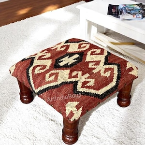 Handcrafted Acacia Wood Pouf | Low Kilim Upholstered Footstool Ottoman | Traditional Wool Jute Accent for Living Room Decorative Home Decor