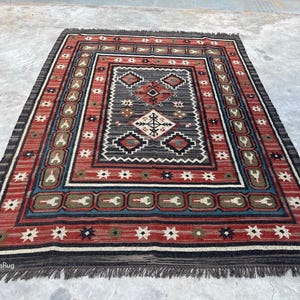 Multi Color Handwoven Vintage Large Area Wool Jute Kilim Rug Motifs Oriental Indian Traditional Jute Rug Eco Friendly Geometric Custom Rug