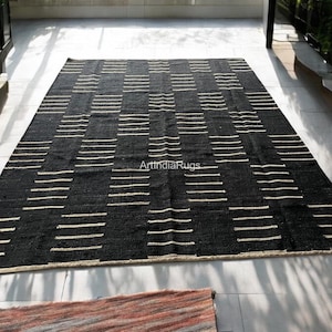 6x9 Handloom Black With White Striped Hemp Jute Rug Large Floor Area Livingroom Bedroom Custom Size Jute Rug Indian Traditional Hemp Rug