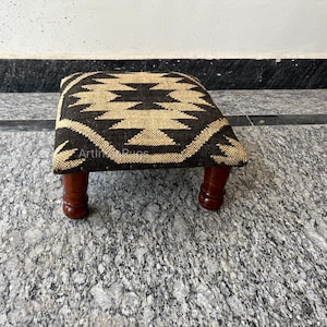 Handmade Kilim Upholstered Pouf Stool: Acacia Wood Bohemian Ottoman