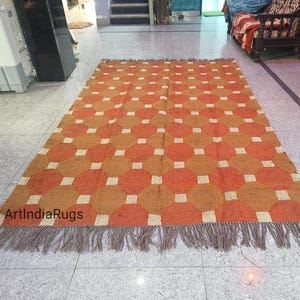 Handwoven Wool Jute Kilim Rug: Boho Indian Dhurrie Carpet