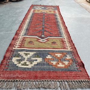 Indian Kilim runner Handwoven Wool Jute Rug Handmade Kilim Dhurrie Rug, Motifs Oriental Traditional Geometric Turkish Home decor Kilim Rug