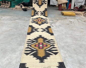 Kilim runner Handwoven Wool Jute Rug Handmade Kilim Dhurrie Rug, Motifs Oriental Traditional Indian Geometric Turkish Home decor 2x12 Ft Rug