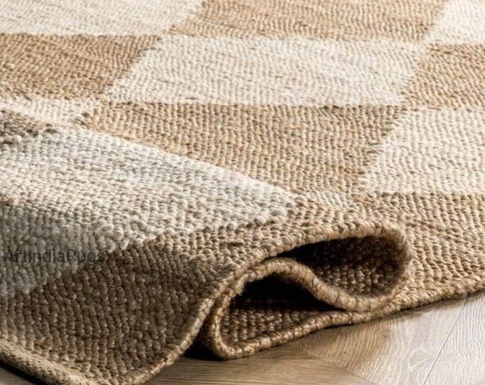 White/ Beige Diamond Jute Rug, Indian Handmade Natural Scandinavian Rug ...