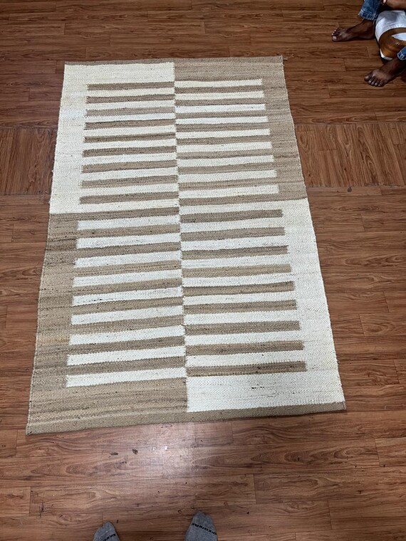 Handwoven Natural With white Striped Hemp Jute Rug, Indian Handmade Kilim Dhurrie Rug, Traditional Jute Area Rug, Rugs For Livingroom Rug,